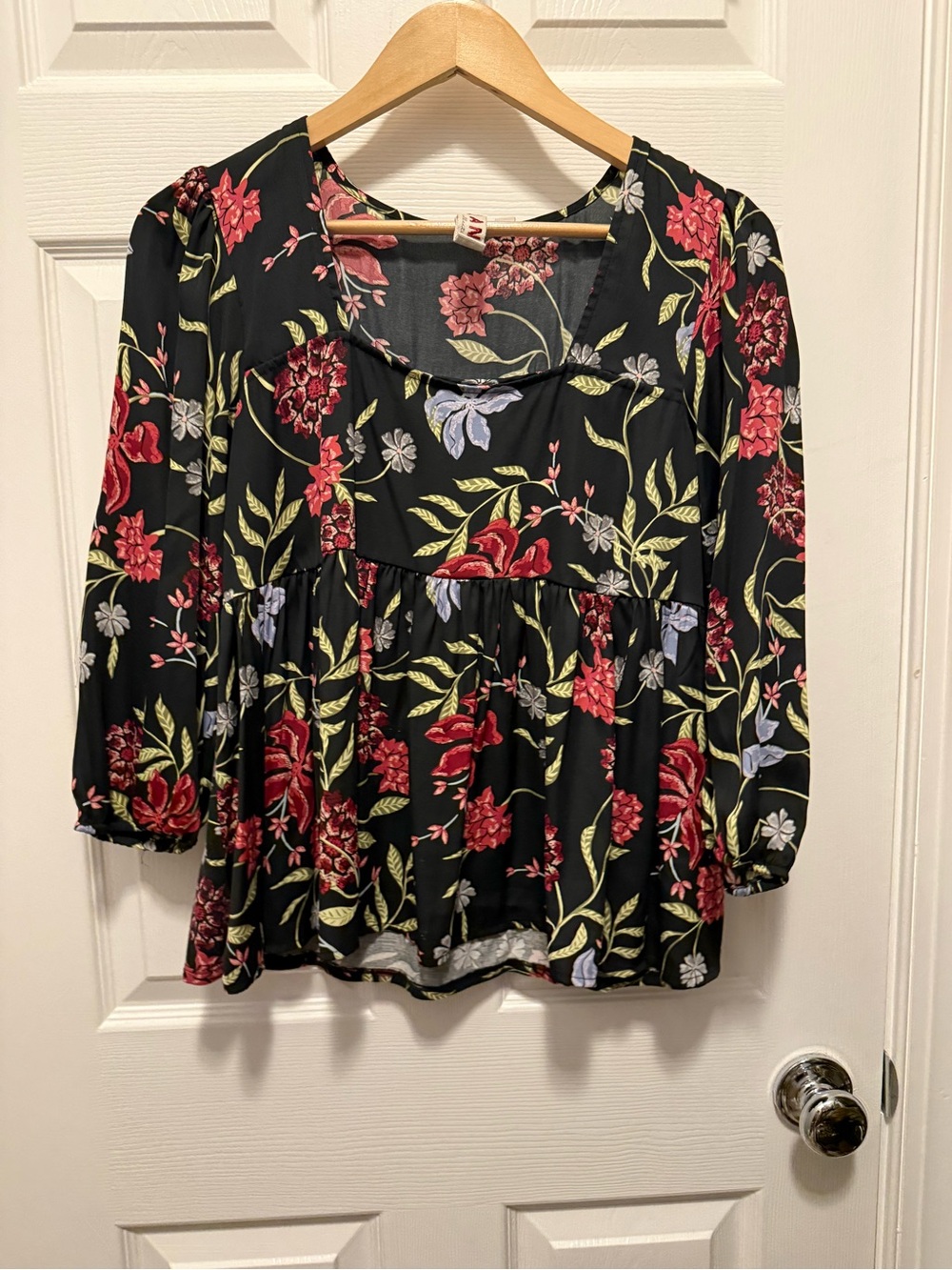 Black Floral Babydoll Peasant Blouse